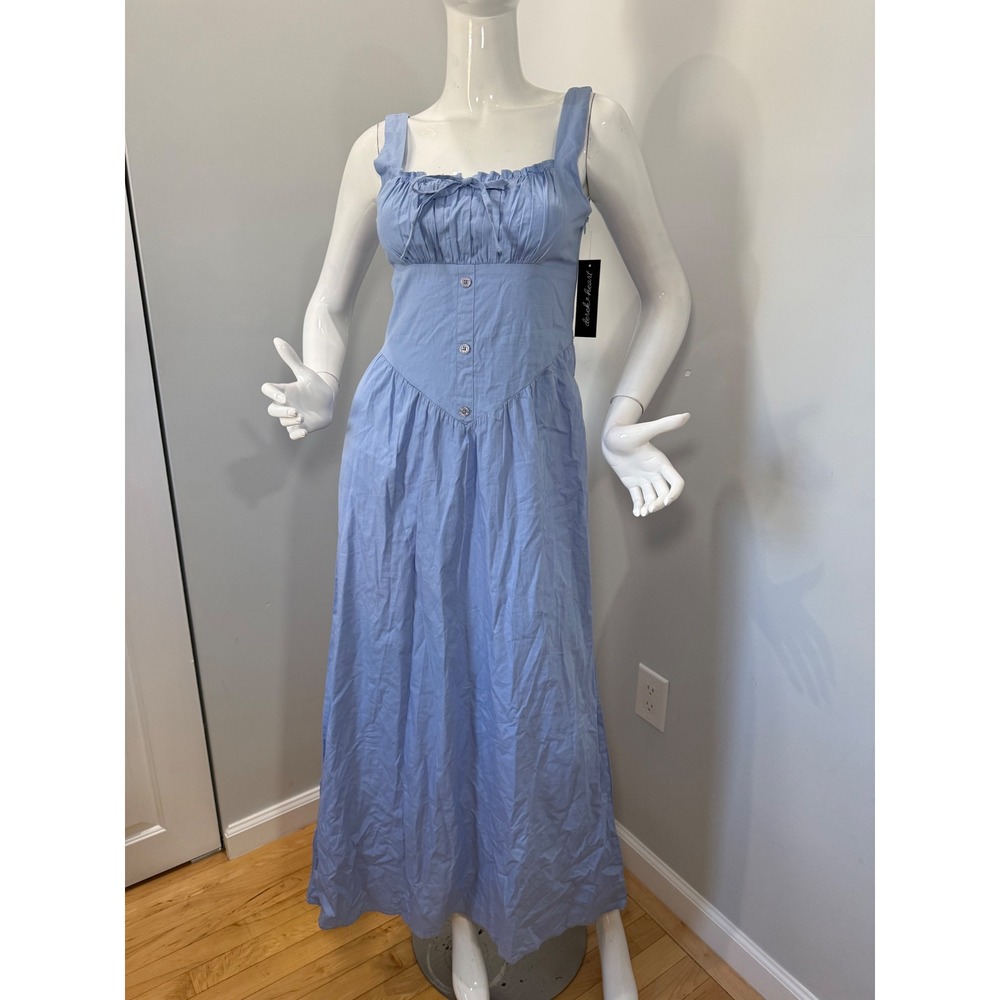 Derek Heart Women's Blue Cotton Maxi Dress Bow Front Smocked Back Sleeveless M - Picture 4 of 10